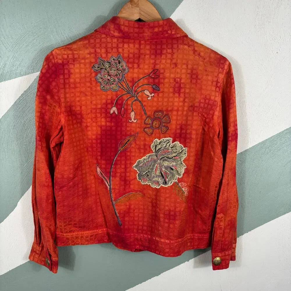 Julia Kin‎ Jacket Women Small Orange Art to Wear Boho Floral Embroidered Shirt - Picture 9 of 9